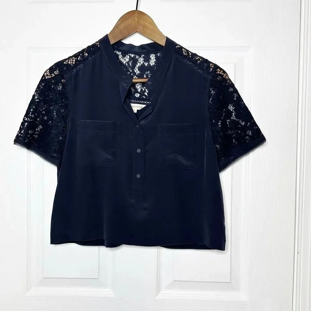 REBECCA TAYLOR 100% Silk Dark Blue Navy Crop Top Lace Short Sleeve Size‎ 2 - Picture 2 of 7